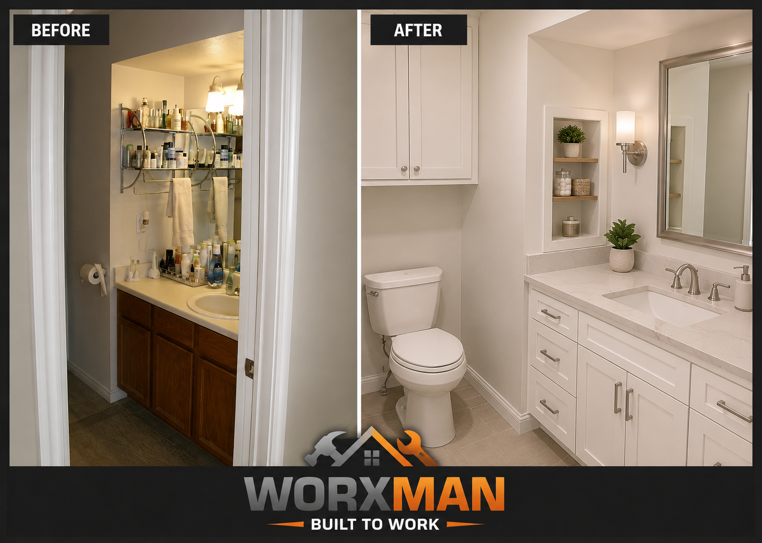 Before and after vanity and commode update in Layton